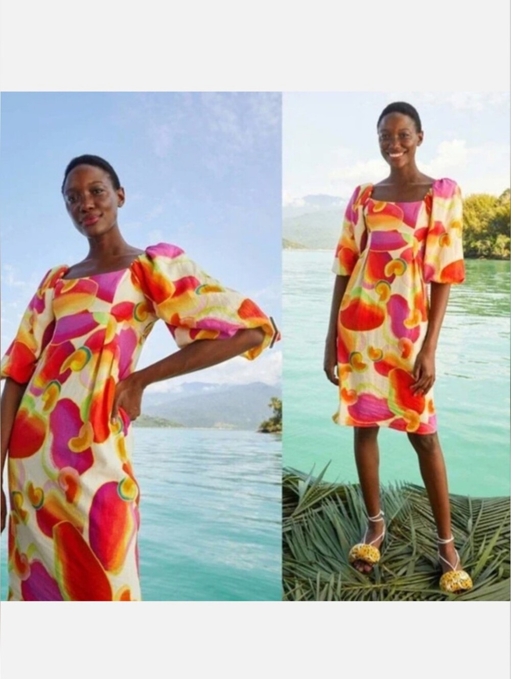 Farm Rio Cashew Juice Puff Sleeve Linen Women's Dress XL Resort Luxury Boho Chic